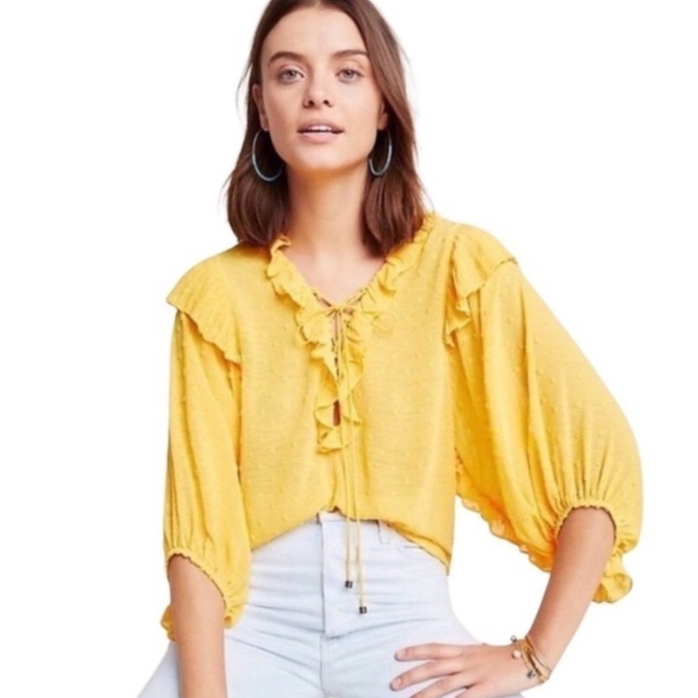 By Anthropologie Haida Peasant Blouse M Yellow Swiss Dot Ruffle Cottagecore